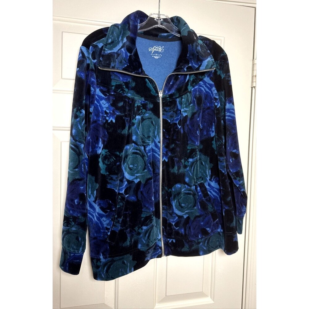 Style & Co Sport 2XL Women’s Blue/Teal Multi Full Zip Velour Jacket New w/o Tags
